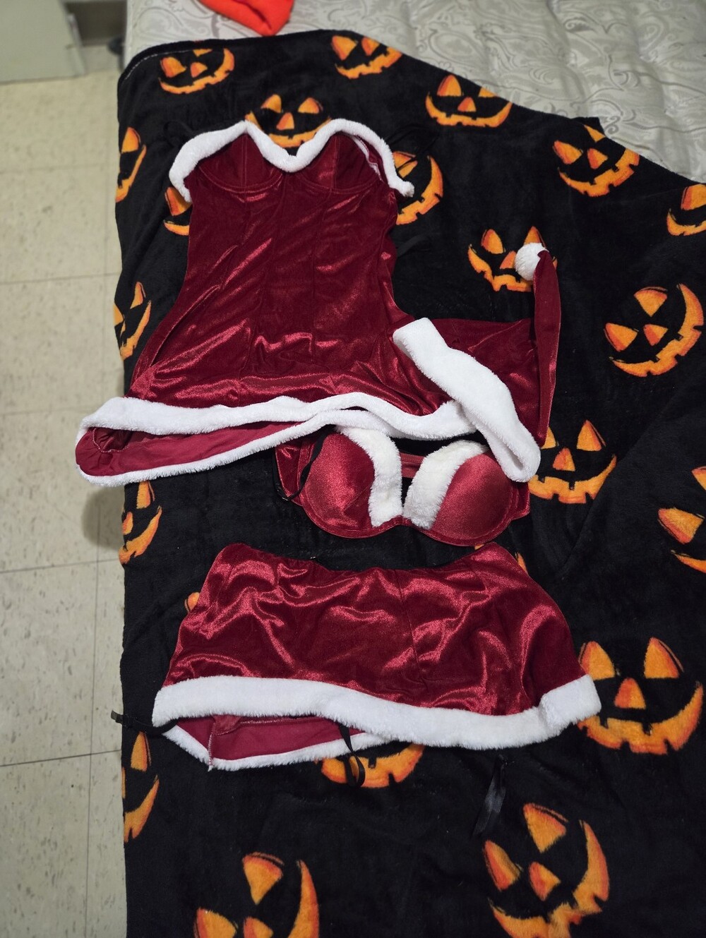 Red Velvet Santa-Inspired Womens Costume with White Trim